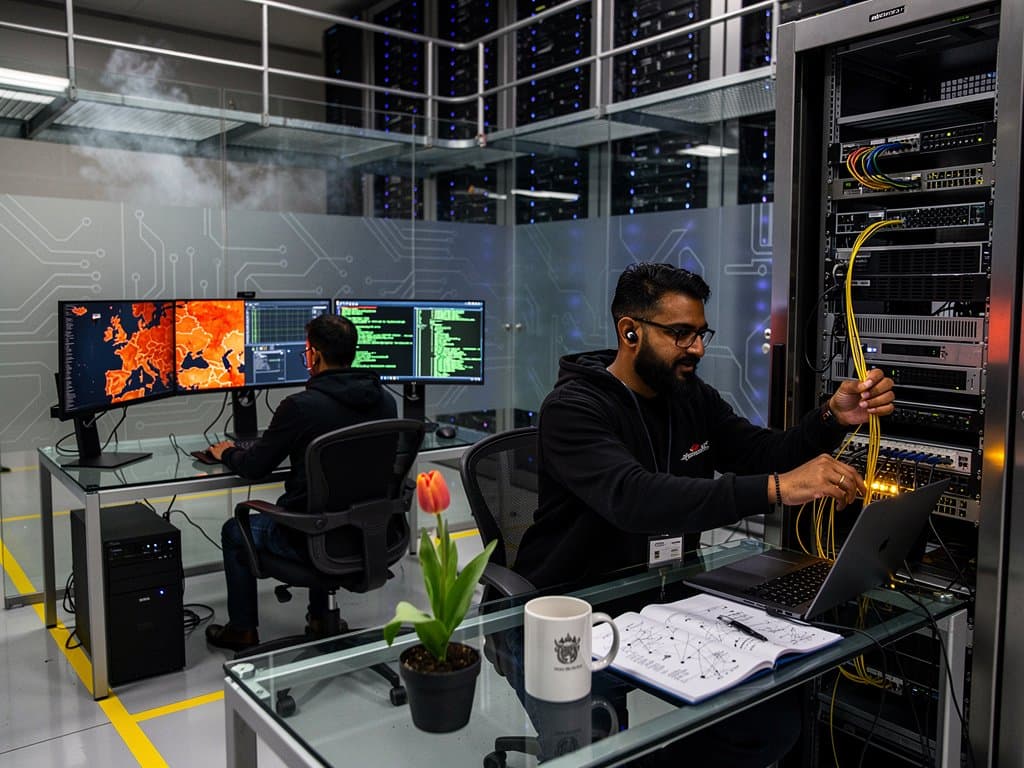 Cybersecurity team in Amsterdam data center monitors Russia AI hacking threats with AI dashboards and server racks